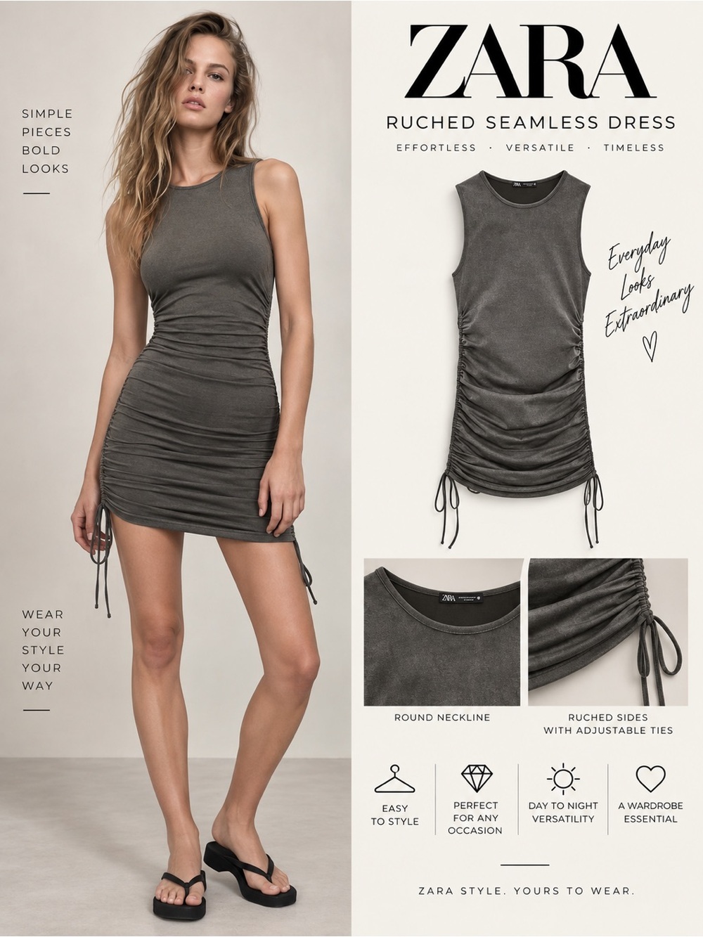 ZARA Anthracite Gray Ruched Seamless Mini Dress M-L NWT 1014/323